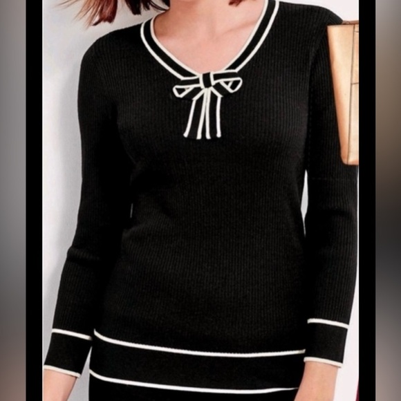 Talbots V-Neck Bow Front Ribbed Top Medium Petite - Picture 2 of 9